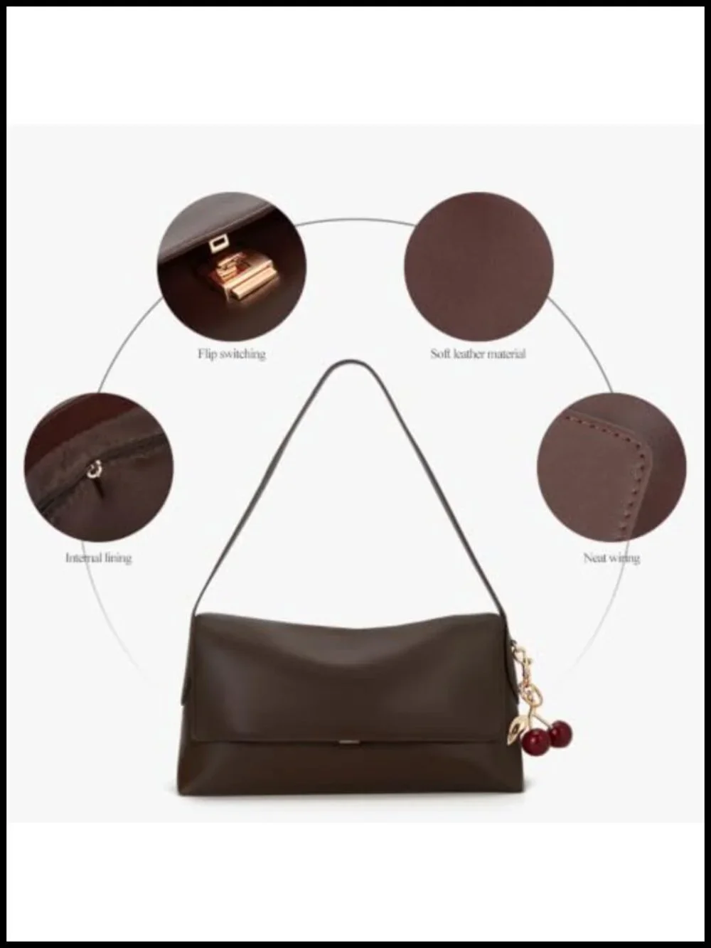 Medium Hobo Shoulder Bag PU Leather Detachable Cherry Charm Spacious Tote